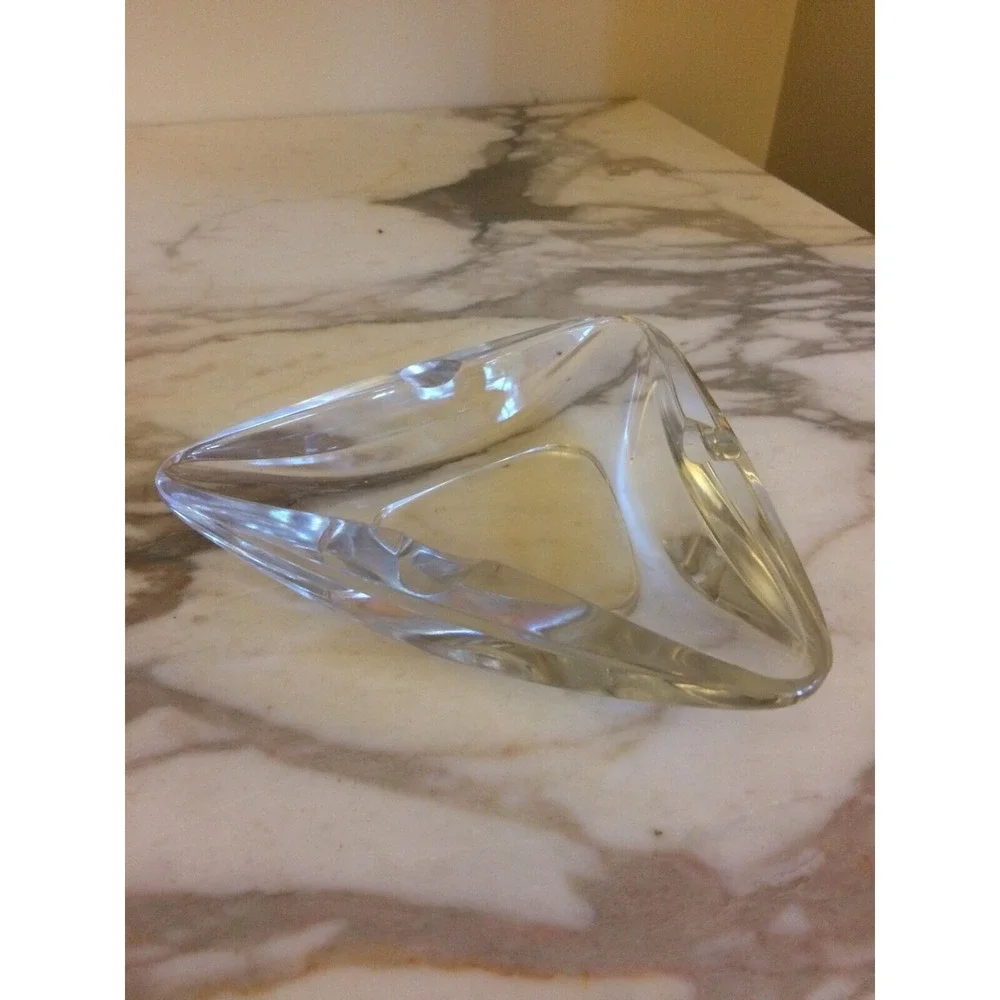 Val St Lambert Ash Tray Signed Triangular Clear Heavy Vintage Cigar Cigarette